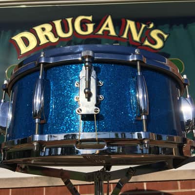 1959/60 Gretsch Round Badge Broadkaster Name-Band Drum Set - Blue Glass Glitter 22/13/16/5x14 Snare image 13