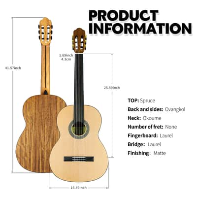 TARIO 39 Inch Fretless Classical Guitar Full Size Acoustic Guitar Spruce top Ovangkol back and sides Okoume neck laurel fingerboard image 3