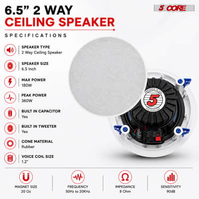 5 Core 6.5 Inch In-Ceiling In-Wall Speaker 360W 2-Way Pair Flush Mount House Home Theater Speakers image 19