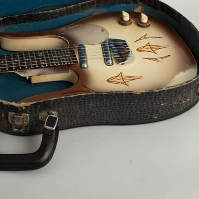 Danelectro  Longhorn Guitarlin Model 4123 Semi-Hollow Body Electric Guitar (1960), ser. #6020, black chipboard case. image 12