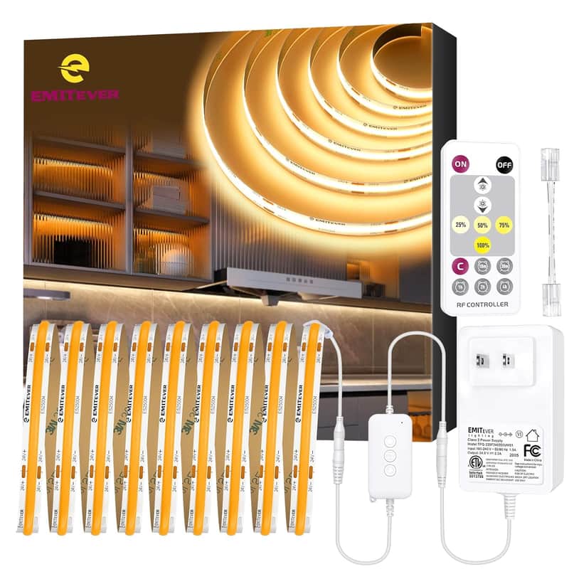 Led Strip Light Warm White 3000K 16.4Ft,24V Dc Cob Dimmable Tape Lights With Rf Controller,Premium High Density Power Adapter,1400Leds Ul Listed For Bedroom,Kitchen Cabinets,Indoor Use image 1