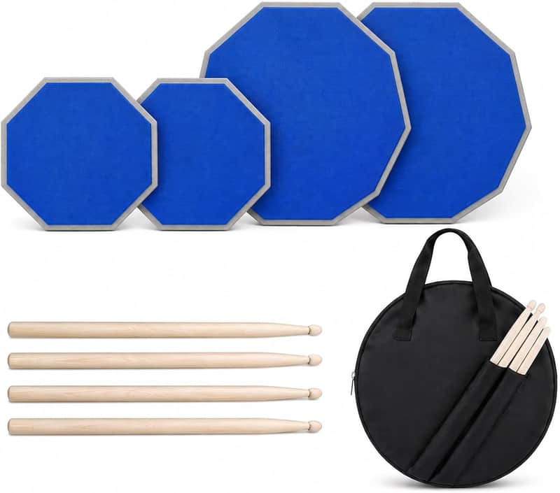 12 Inch + 8 Inch Double Sided Silent Drum Practice Pad Set, Professional Rubber Snare Drum Pad with 2 Pairs 5A Nylon Tip Drum Sticks, Portable Travel Drumming Accessories for Beginners & Adults (Blue) image 1
