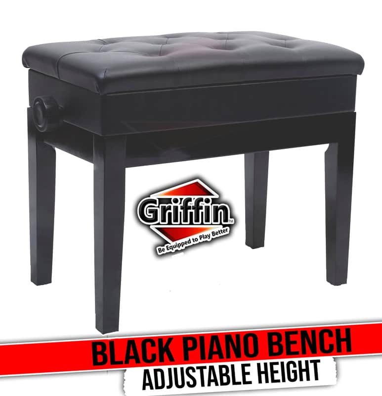 GRIFFIN Adjustable Piano Bench (ErgonomicPRO-X Series) – Black Solid Wood Frame, PU Leather Cushion, Antique Style with Sheet Music Storage for Musicians & Vanity image 1