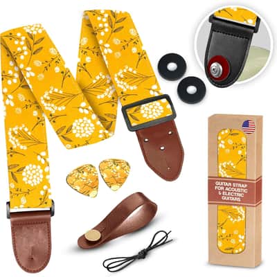 Guitar Strap For Acoustic Guitars , Electric Guitars and Bass Yellow Spring, Includes 2 Strap Locks To Keep Your Guitar Safe Adjustable Guitar Strap & 2 Unique Picks and Pick Pocket Guitar Accessories image 1