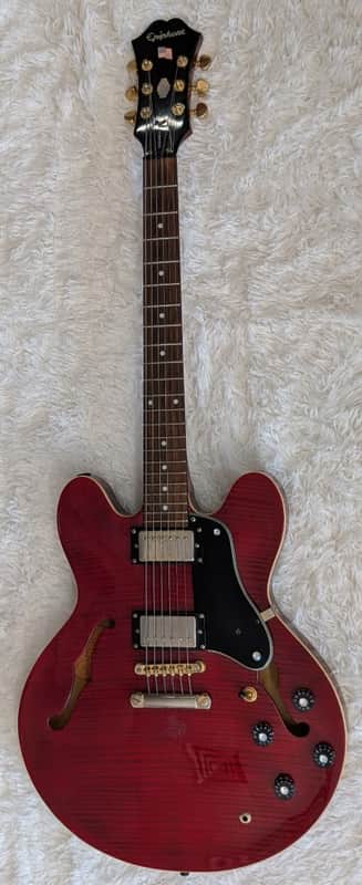 Epiphone Dot Deluxe Flame in red with an Epiphone hardshell case -Vintage Cherry image 1