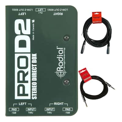 Radial ProD2 Passive 2 Channel Instrument Direct Box Passive Stereo DI with Isolation Transformer, 15dB Pad and Lift Switch with Microphone Cable and Instrument Cable image 1