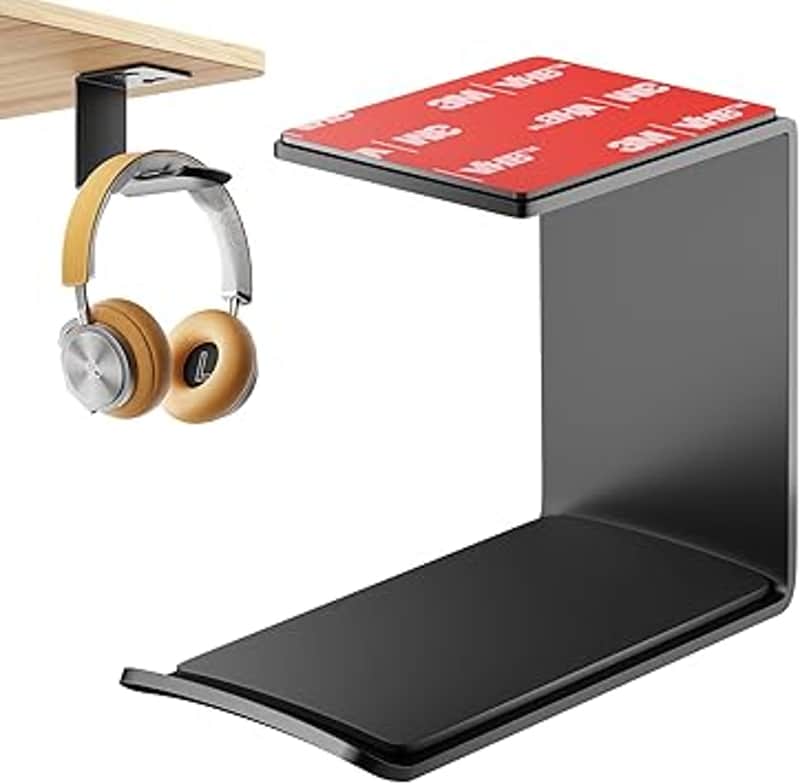 Headphone Stand Hanger,Headset Holder Mount,Aluminum Hook with Strong Adhesive Tape for Headphones (H02-Black-1PCS) image 1