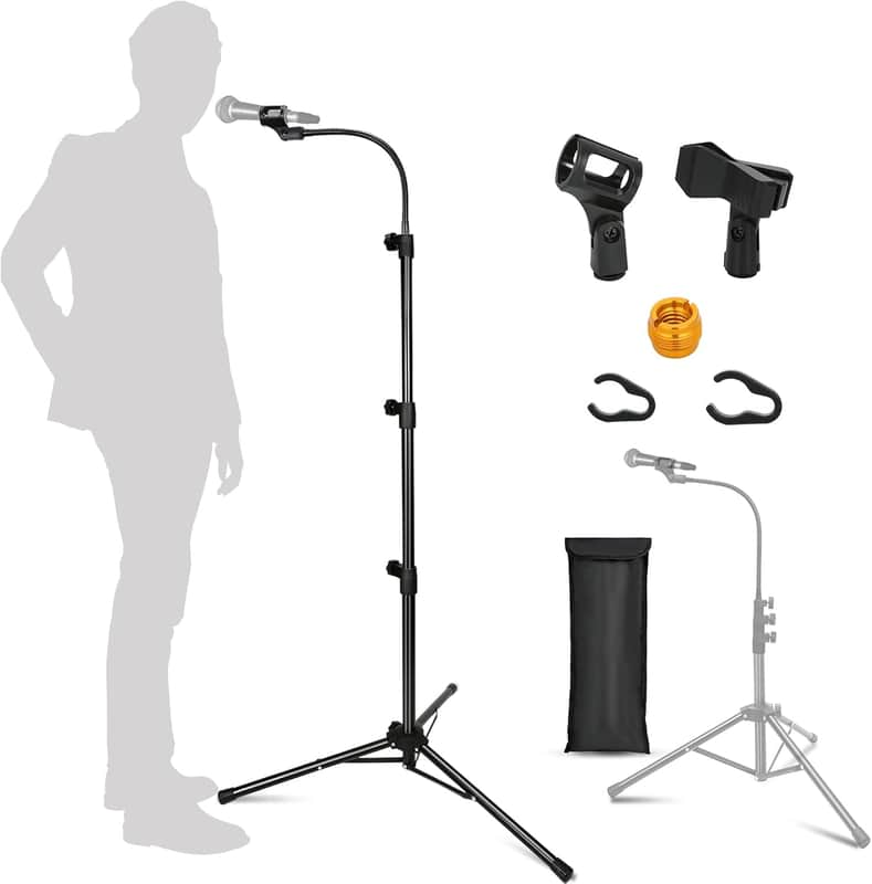 Boom Microphone Stands Tripod Gooseneck Microphone Stand Height Adjustable from 24" to 67" with 2 Mic Clips for Singing Stage Performance Party Mic Mount image 1