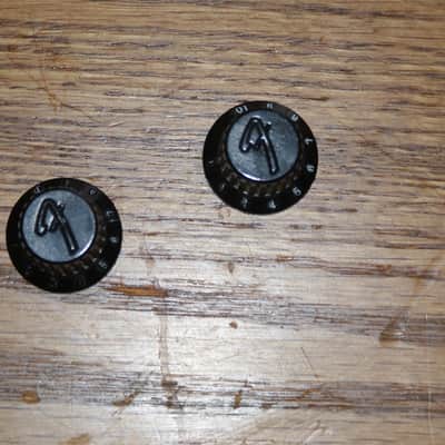 Fender Contemporary (2) Two Fender Logo Rubber Grip Vol/Tone knobs 1984-1987 Black image 1