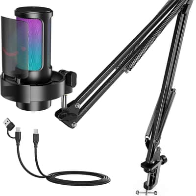 USB Gaming Microphone Kit, PC Streaming Mic with RGB Lights, Mute, Gain Knob, Metal Boom Arm for Recording Podcast, Condenser Computer Microphone Set image 1