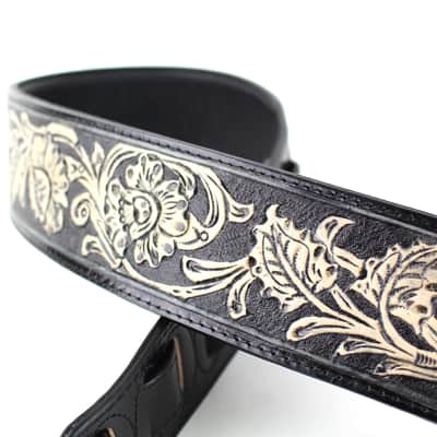 Walker And Williams KH-02-BLK Onyx Black Carving Leather Top With Tooled Floral Vine & Western Ends image 2