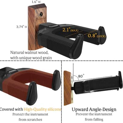 Guitar Wall Mount 2 Pack, Auto Lock Black Walnut Wood Guitar Hanger, Guitar Wall Hangers, Guitar Holder Hook Wall Stand for Classical, Acoustic, Electric Guitar, Banjo, Bass, Gift for Guitar Player image 3