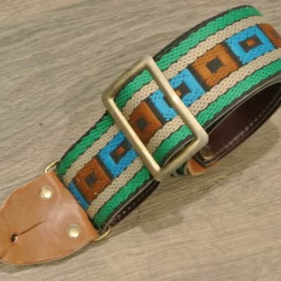 Vintage Ace Style Strap- Metal Slide- Cool Green / Blue Geometric Pattern image 1