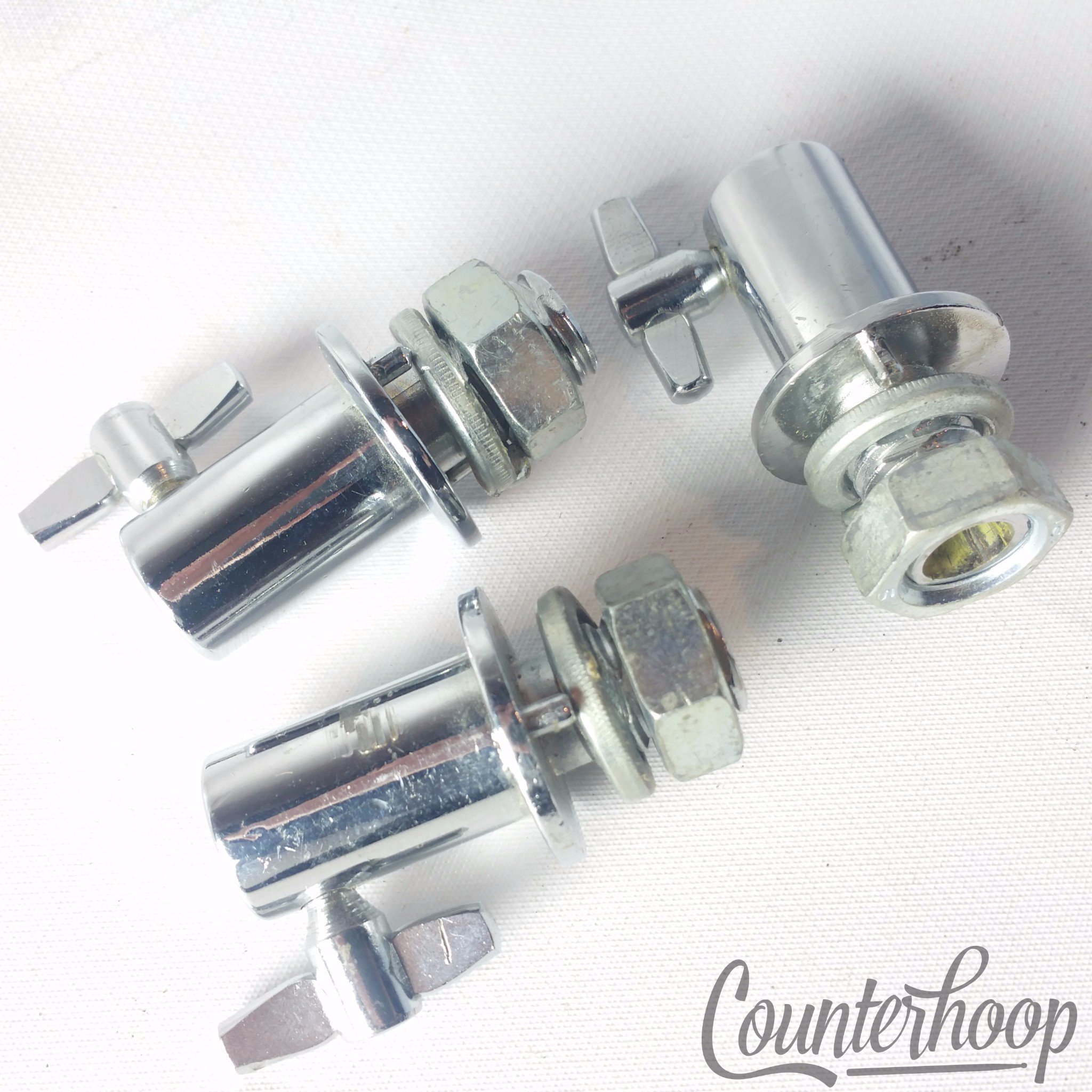 Pearl Bass Drum Disappearing Spur Mounts Leg Receivers 3x Set Lot Chrome Vintage — main photograph