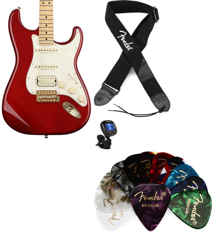 Fender Tash Sultana Stratocaster Electric Guitar - Transparent Cherry  Bundle with Fender 2" Polyester Logo Strap - Black with White Logo... (4 Items) image 1