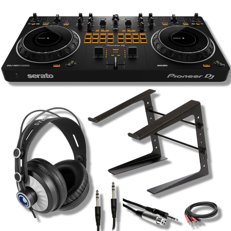Pioneer DDJ-REV1 DJ Controller Bundle with Adjustable Laptop Stand for DJ's, Monitoring Headphones, Essential Cables and StreamEye Polishing Cloth image 1