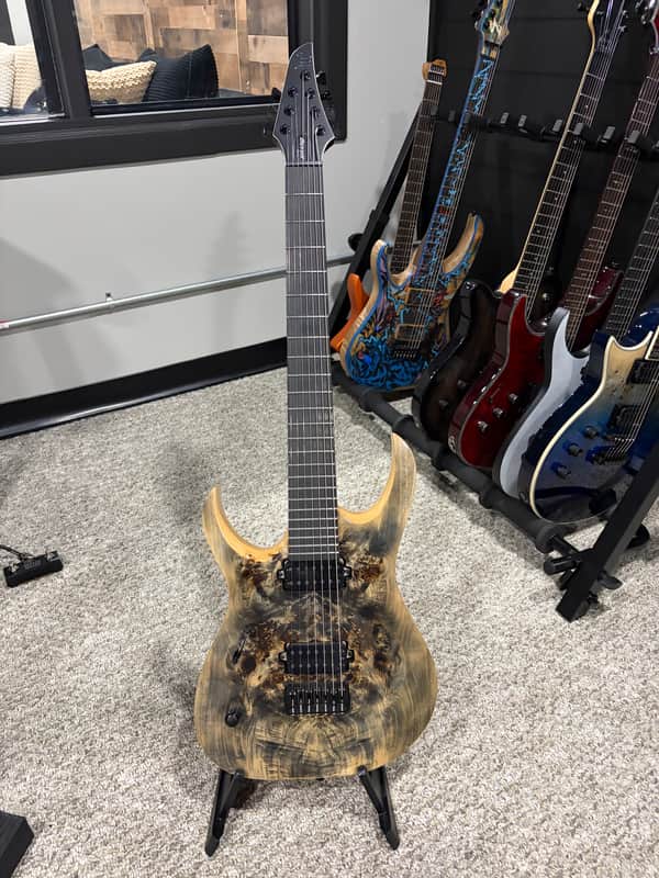 Mayones Duvell Elite 7 Lefty – Trans Dirty Natural / Matt Black Burst – Bare Knuckle Pickups image 1