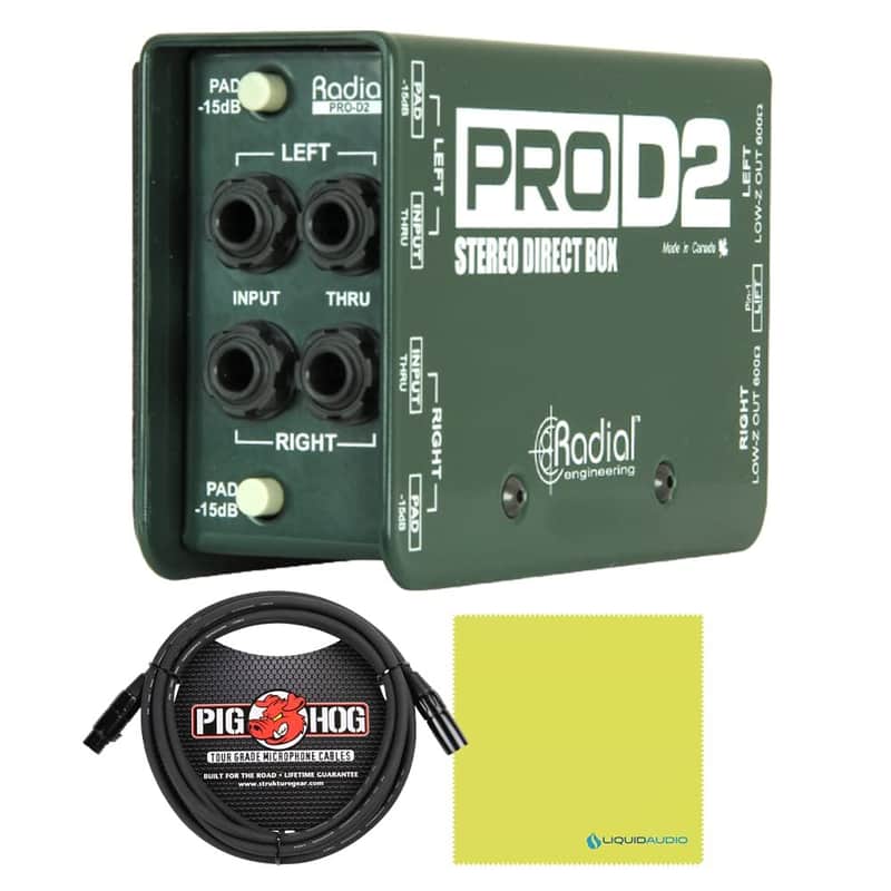 Radial DI Box PROD2 Passive Stereo DI Box Bundle with 10ft Pig Hog XLR Microphone Cord & Polishing Cloth - Hum Eliminator DI Boxes for Instruments, Passive Box Made for Keyboards, Guitar, Bass DI image 1