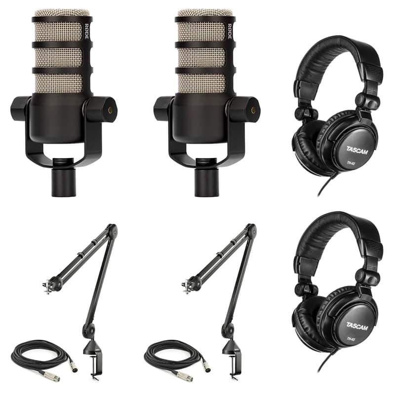 Rode PodMic Dynamic Podcast Microphone (Pair) with Rode PSA1 Boom Arms, TH-02 Podcast Headphones, XLR Cables and StreamEye Polishing Cloth image 1
