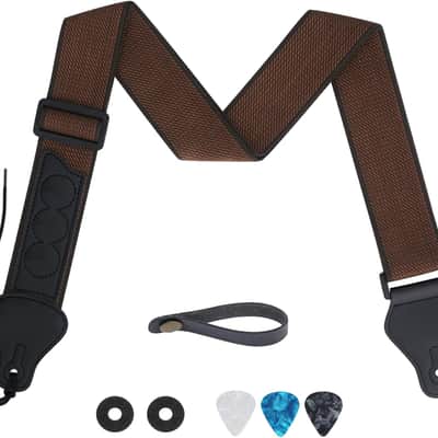 Guitar Strap, Soft Cotton Straps With 3 Pick Holders, Button Headstock Adaptor, 1 Pair Locks and 3 Picks Set For Electric/Acoustic Guitar(Coffee) image 1