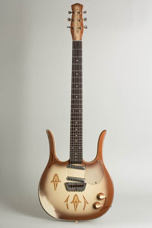 Danelectro  Longhorn Guitarlin Model 4123 Semi-Hollow Body Electric Guitar (1960), ser. #6020, black chipboard case. image 1