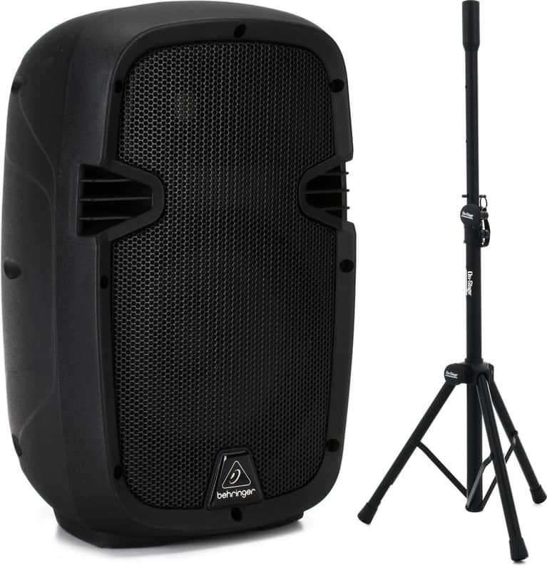 Behringer PK108A 240W 8 inch Powered Speaker with Bluetooth Bundle with On-Stage SSAS7000B Mini-adjustable Speaker Stand (each) image 1