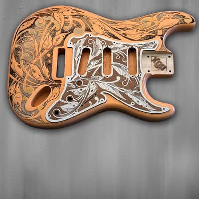 Atlantic Coral XGP Stratocaster Style Laser Engraved Guitar Body with Cherry Wood Veneer Pickguard and Tremolo Cover HSH, HSS, SSS Setups Available image 5