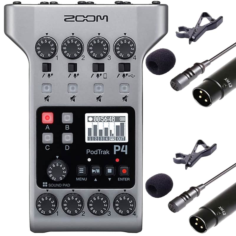 Zoom PodTrak P4 Portable Multitrack Podcast Recorder + 2x Vidpro Professional Wired XLR Lavalier Microphone XM-L2 for Pro Audio Equipment with XLR Input image 1