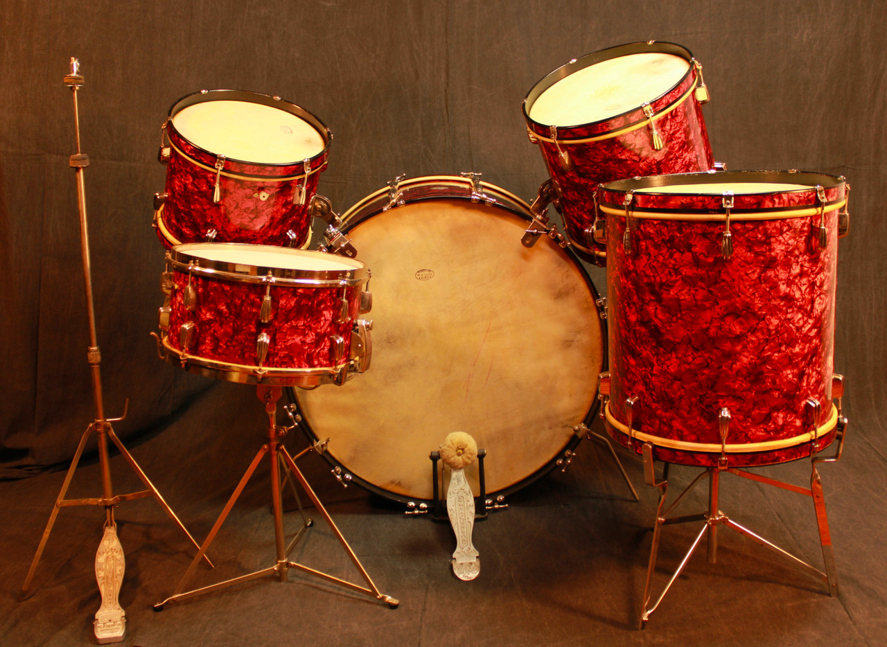 Slingerland*RED MARINE PEARL*28,13,14,16 Drum Set+Radio King Snare WW2 Wood Hoop — main photograph