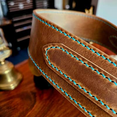 Hand Made, Hand Stitched Guitar strap "Rockatansky" in Taupe & Turquoise- Vegetable Tanned Leather image 23