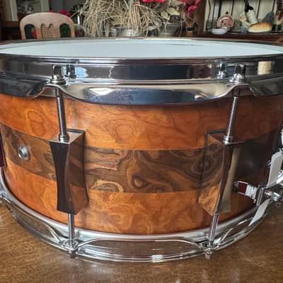 ~NEW!~ Pork Pie Decaf Macchiato Maple 6.5x14 Snare Drum in Satin Burled Walnut with Sapele Stripe image 4