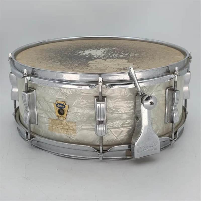 Used Vintage Ludwig Mahogany 3ply Snare Drum White Marine Pearl - Good image 1