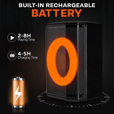 Portable Bluetooth Speaker with 8" Inch Woofer, TWS, Mic Input, USB/SD/FM Radio, Colorful Ring Lights, 120 W Rechargeable Battery, Tripod Stand & Speaker Bag, Hi-Fi Sound, Outdoor/Indoor Use image 3