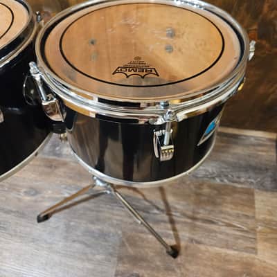 Vintage Late 1970s Ludwig Black Cortex Concert Toms 6.5x10 & 8x12 w/ Ludwig Double Tom Stand Blue & Olive Badges image 4