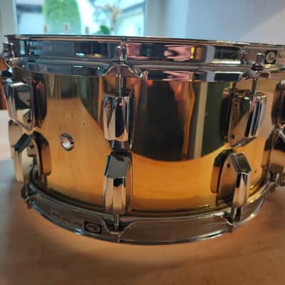 Pearl Super Gripper System Brass Shell 14″ x 6.5″ Snare Drum 1980's Brass image 3