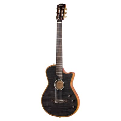 Bromo BEN2C Electric Nylon String Guitar, Thinline Fully Chambered Semi-Hollow Body Slim Neck Dual Pickup Stage Live Performance Fusion Classical Guitar with Hard Case (Transparent Black) image 1