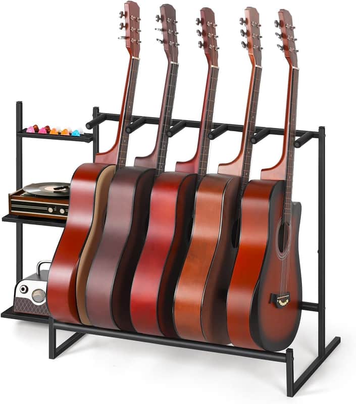 Guitar Stand, Guitar Rack for Multiple Guitars, Acoustic Electric Bass Guitar Holder, 5 Slot Guitar Stands Floor with Side Shelves for Record Player, Home Music Studio Display, Protective Foam, Black image 1
