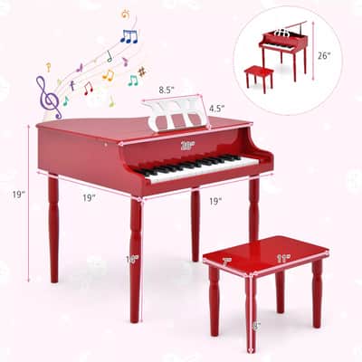 Classic 30-Key Baby Grand Piano Toy for Toddlers | Vibrant Wooden Piano with Bench | Perfect Birthday Gift for Children Ages 3-8 (RED)) image 2