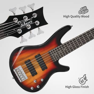 Glarry Full Size GIB 6 String H-H Pickup Electric Bass Guitar Bag Strap Pick Connector Wrench Tool 2020s - Sunset Color image 4