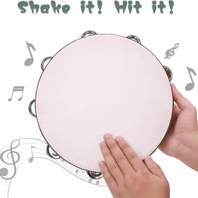 2Pack 10 Inch Double Row Tambourine for Adults Wooden Hand Held Drum Bell Tambourine with Metal Jingles, Percussion Musical Instruments Hand Tambourine for Church, KTV, Party image 3
