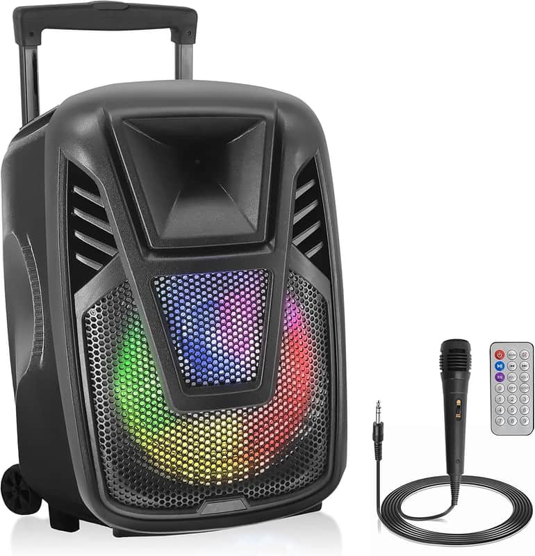 15” Portable Bluetooth PA Speaker System - 800W Wireless Rechargeable Loudspeaker with LED Party Lights, Rolling Wheels, Built-in Amp, & Remote Control - Indoor/Outdoor Karaoke Machine (Black) image 1