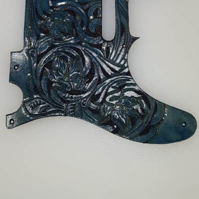 Leather pickguard fits  Fender Telecaster 2018   "Floral Riffs"  turquoise and black image 1