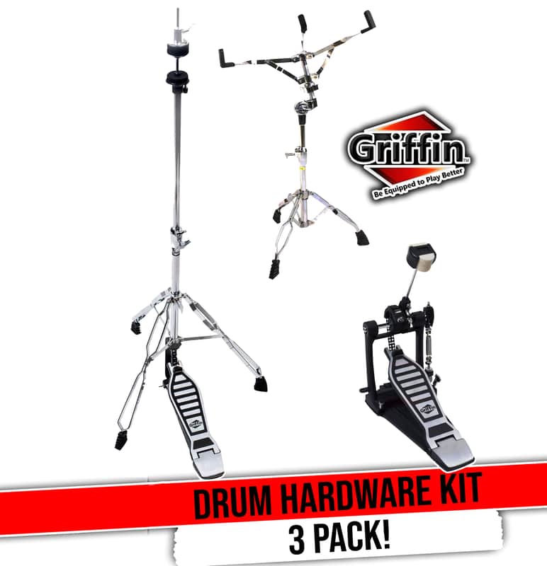 GRIFFIN 3 Pack Drum Hardware Combo Kit (ChromeElite Edition) – Hi-Hat Stand, Kick Pedal & Snare Stand – Chrome Percussion Set for Gigs, Practice & Mobile Drummers image 1
