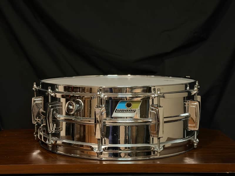 Ludwig No. 400 Supraphonic 5x14" 10-Lug Aluminum Snare Drum with Pointed Blue/Olive Badge 1969 - 1979 - Chrome-Plated image 1