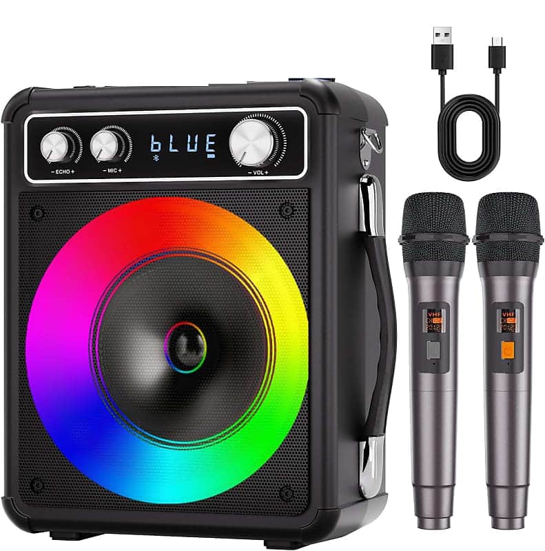 Karaoke Machine, Portable Bluetooth Karaoke Speaker with 2 Wireless Microphones, PA System for Adults Kids with LED Lights, Supports REC/FM/AUX/USB/TF for Home Party image 1