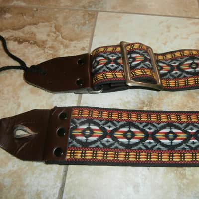 Vintage 1960's Ace-Style Guitar Strap! Grey, Yellow, Red Pattern! Metal Buckle! image 2
