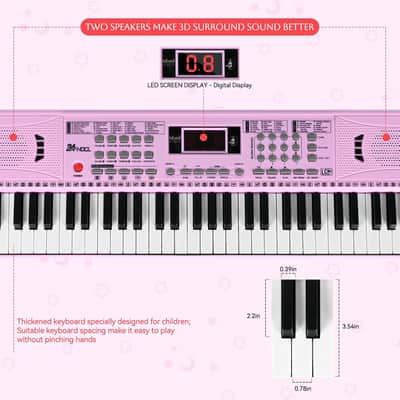 61-Key Digital Piano for Kids - Pink Keyboard with Stand, Microphone, and Educational Features image 6