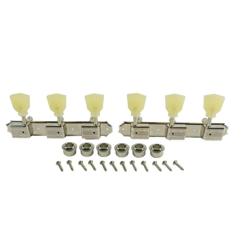 Kluson 3 On A Plate Deluxe Series Tuning Machines - Double Line - Standard Post - Nickel With Double Ring Plastic Keystone Buttons image 1
