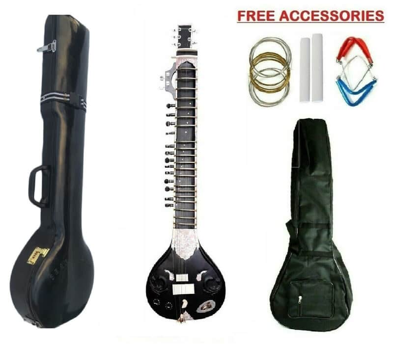 Handmade Electric Tun Wood Black Sitar Hand Paint Indian Musical String Travel With Fiber Case image 1