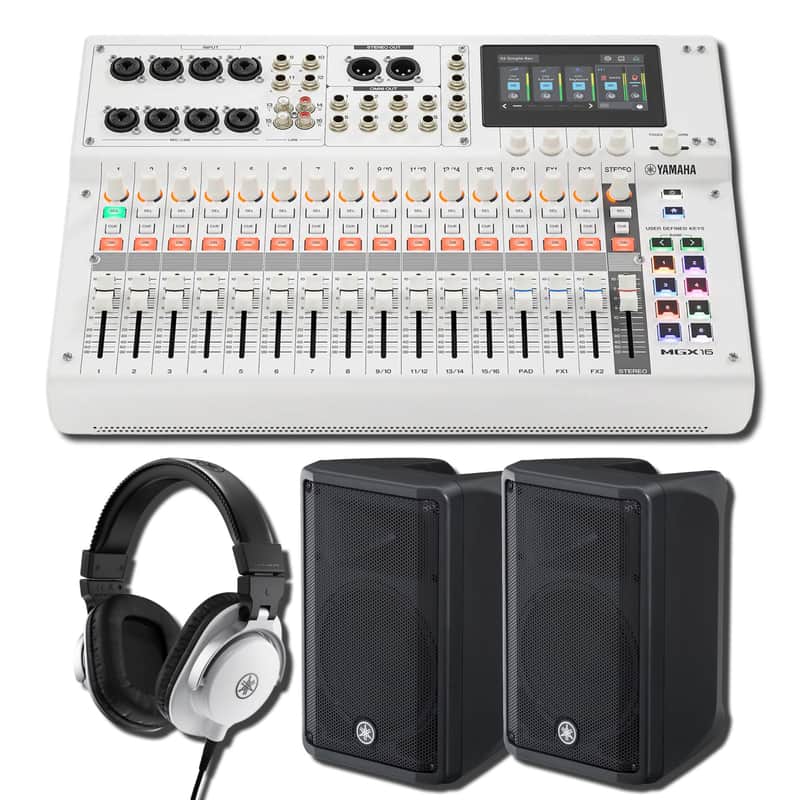 Yamaha MGX16 W 22-Channel Digital Mixing Console White All-White Streaming Bundle with 2x DBR10 700W Powered Speakers and HPH-MT5W White Closed-Back Studio Monitor Headphones image 1